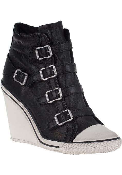 womens black leather wedge sneakers